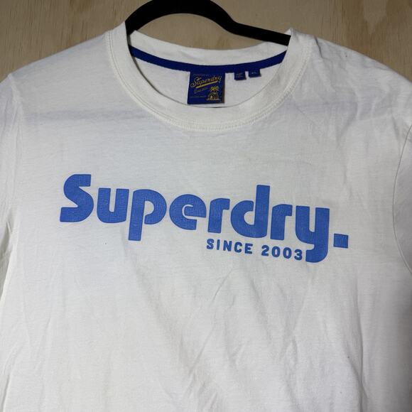 Superdry Men’s White Graphic T-Shirt Blue Logo “20” Back Size XL - Picture 2 of 8